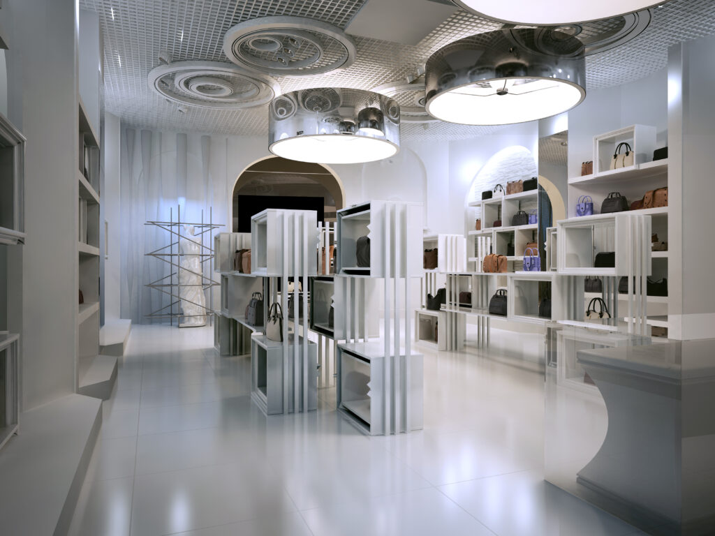 Luxury store interior design art deco style with hints of Contemporary. Interior white store with lots of shelves. Shop for the sale of bags on the shelves of handbags. 3D render.